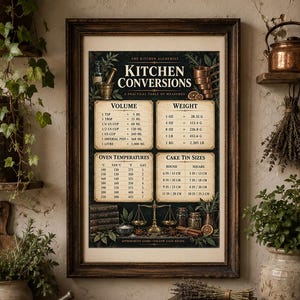 May include: A framed wall art print titled Kitchen Conversions featuring a practical table of measures for volume, weight, oven temperatures, and cake tin sizes in imperial and metric units, decorated with botanical illustrations and a scale.
