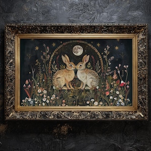 Two Hare Cottagecore Wall Art | Folk Rabbit Print with Moon & Stars | Witchy Celestial Animal Decor | Woodland Spiritual Illustration