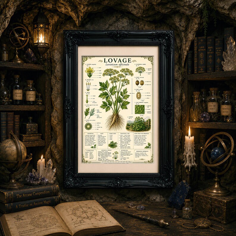 Puede incluir: Una l&aacute;mina bot&aacute;nica enmarcada titulada LOVAGE Levisticum officinale que muestra ilustraciones detalladas de la planta, sus ra&iacute;ces, flores y semillas, con texto descriptivo y una peque&ntilde;a regla en la parte inferior, dentro de un marco negro ornamentado.