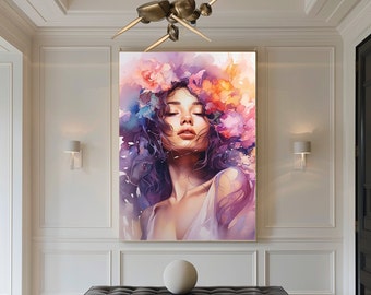 Abstract Floral Woman Watercolor Print | Colorful Feminine Portrait Art | Modern Boho Wall Artwork