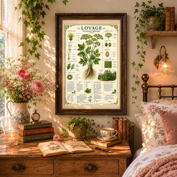 Rustic Lovage Herb Print, Antique Botanical Kitchen Wall Art, Vintage Cottage Garden Illustration