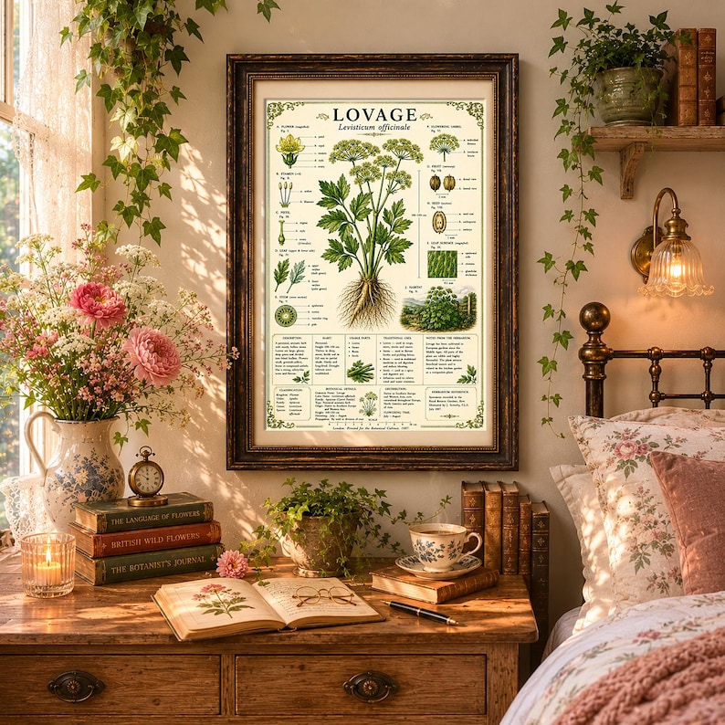 Puede incluir: Una l&aacute;mina bot&aacute;nica enmarcada titulada LOVAGE Levisticum officinale que presenta ilustraciones detalladas de la planta, sus flores, semillas y hojas, acompa&ntilde;adas de texto descriptivo y diagramas sobre un fondo color crema en un marco de madera oscura.