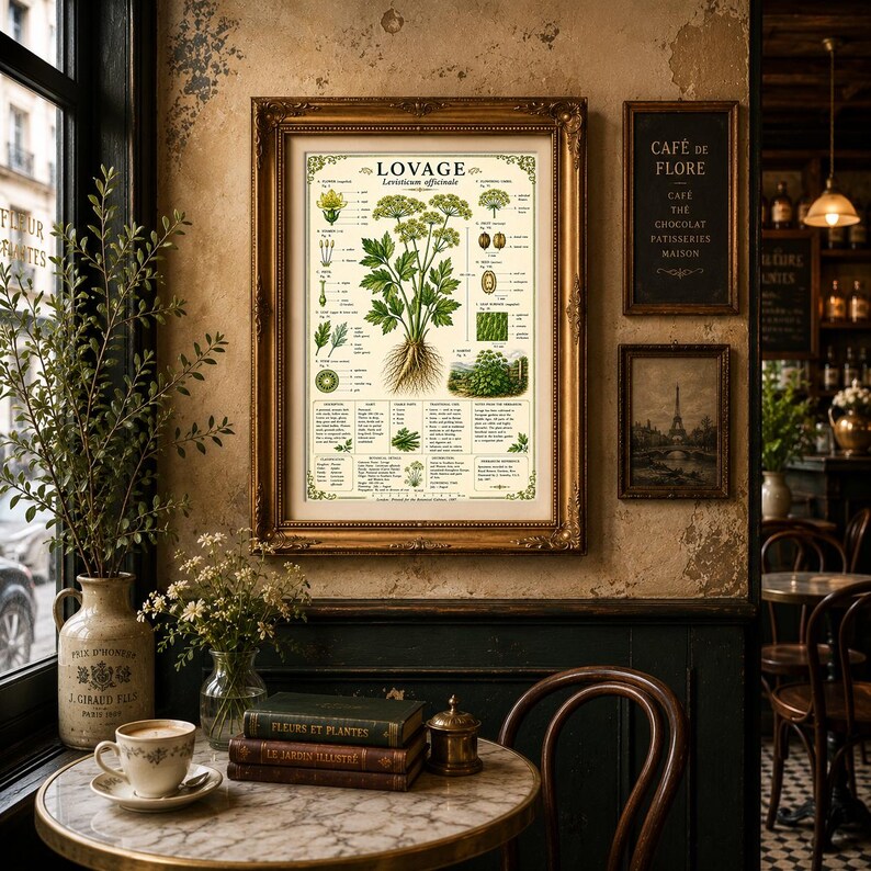 Puede incluir: Una l&aacute;mina bot&aacute;nica enmarcada titulada LOVAGE Levisticum officinale, que presenta ilustraciones detalladas de la planta, sus ra&iacute;ces, flores y semillas, con texto descriptivo, todo ello dentro de un marco dorado ornamentado sobre una pared texturizada.