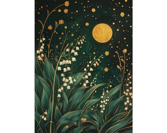 Lily of the Valley Emerald Green Sun Art Poster Mystical Folk Art Illustration Cottagecore Flowery Spiritual Print Botanical  Wall Art