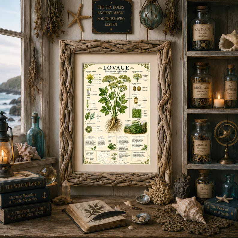 Puede incluir: Una l&aacute;mina bot&aacute;nica de apio de monte, Levisticum officinale, con ilustraciones detalladas de la planta, ra&iacute;ces y semillas con texto descriptivo, enmarcada en un marco de madera flotante r&uacute;stica, rodeada de frascos de boticario y conchas.