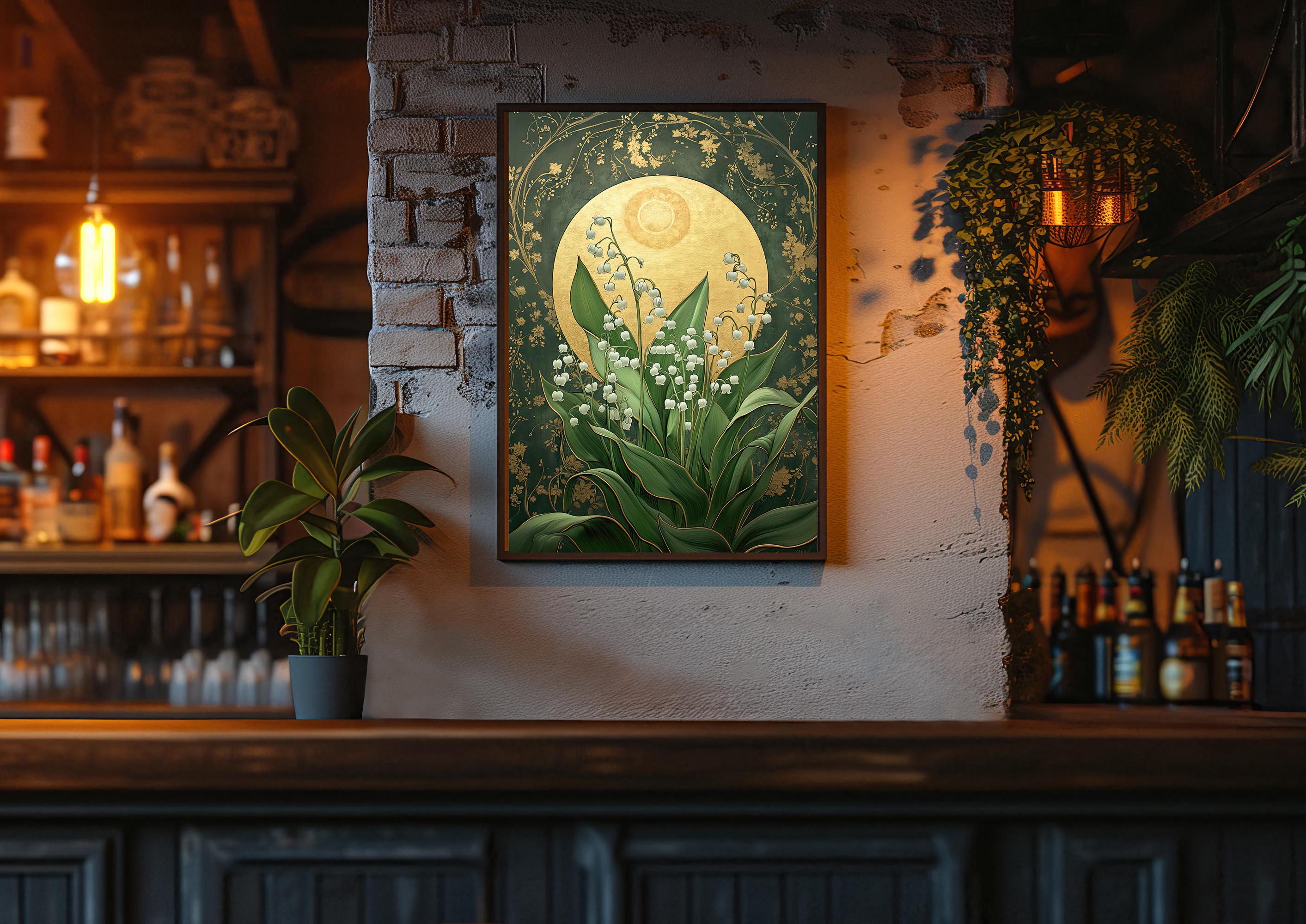 Lily of the Valley Art Print | Emerald Green Sun Botanical Wall Poster | Spiritual Nature Decor | Cottagecore Plant Illustration