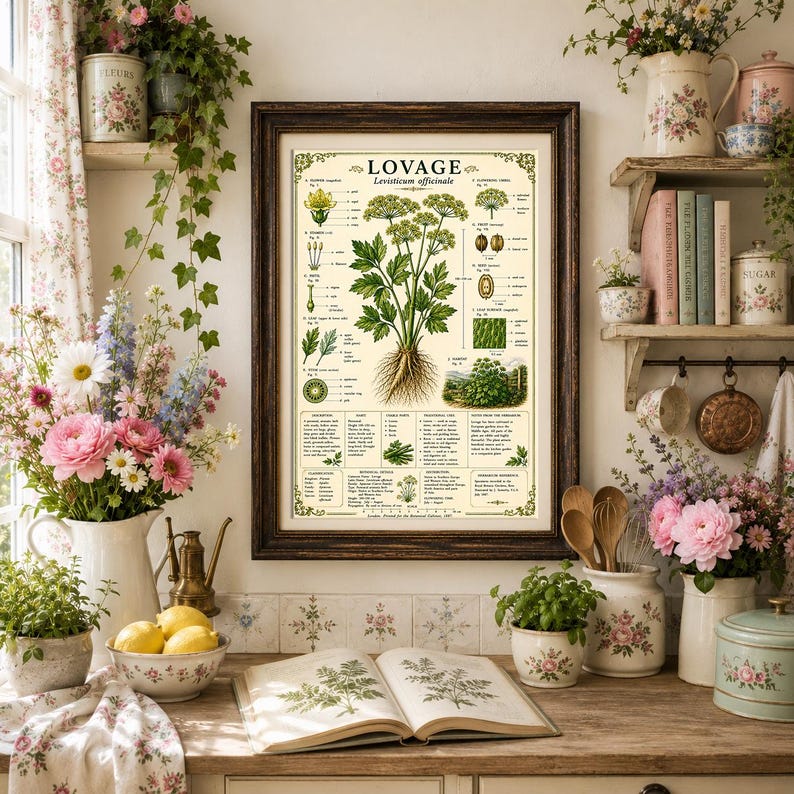 Puede incluir: Una l&aacute;mina bot&aacute;nica enmarcada titulada LOVAGE Levisticum officinale que presenta ilustraciones detalladas de la planta, sus hojas, flores y ra&iacute;ces, acompa&ntilde;adas de texto descriptivo y diagramas, en un marco de madera de color marr&oacute;n oscuro.