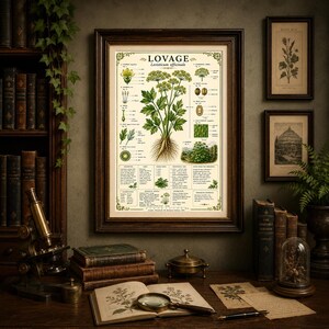 Puede incluir: Una l&aacute;mina bot&aacute;nica enmarcada titulada LOVAGE Levisticum officinale, que presenta ilustraciones detalladas de la planta, sus flores, semillas y hojas, acompa&ntilde;adas de texto descriptivo y una escala, en un marco de madera oscura.