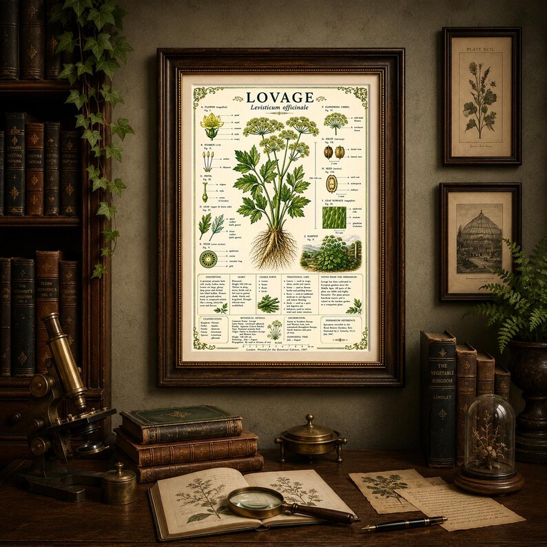 Puede incluir: Una l&aacute;mina bot&aacute;nica enmarcada titulada LOVAGE Levisticum officinale, que presenta ilustraciones detalladas de la planta, sus flores, semillas y hojas, acompa&ntilde;adas de texto descriptivo y una escala, en un marco de madera oscura.