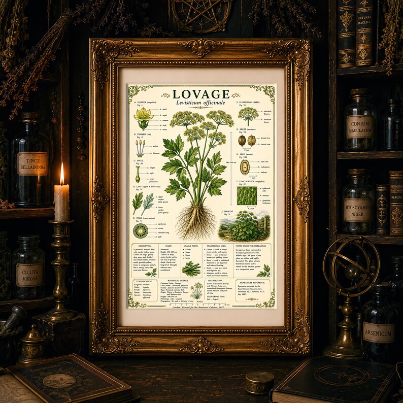 Puede incluir: Una l&aacute;mina bot&aacute;nica de lev&iacute;stico, Levisticum officinale, en un marco dorado ornamentado. La l&aacute;mina presenta ilustraciones detalladas de la planta, incluyendo flores, hojas, semillas y ra&iacute;ces, con texto descriptivo y una escala en cent&iacute;metros.