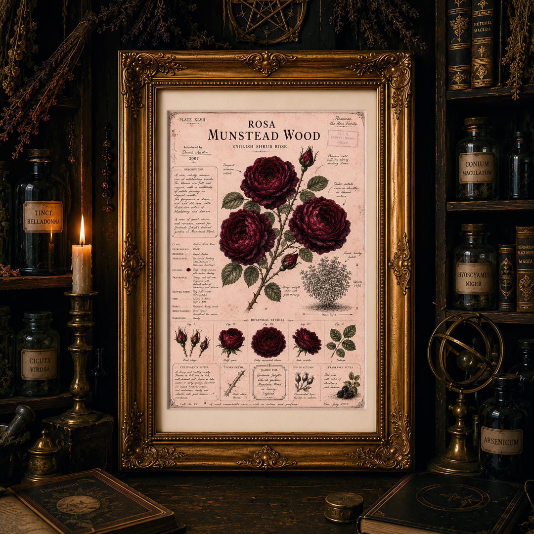 Munstead Wood Rose Print, Vintage Botanical Wall Art, Dark Red