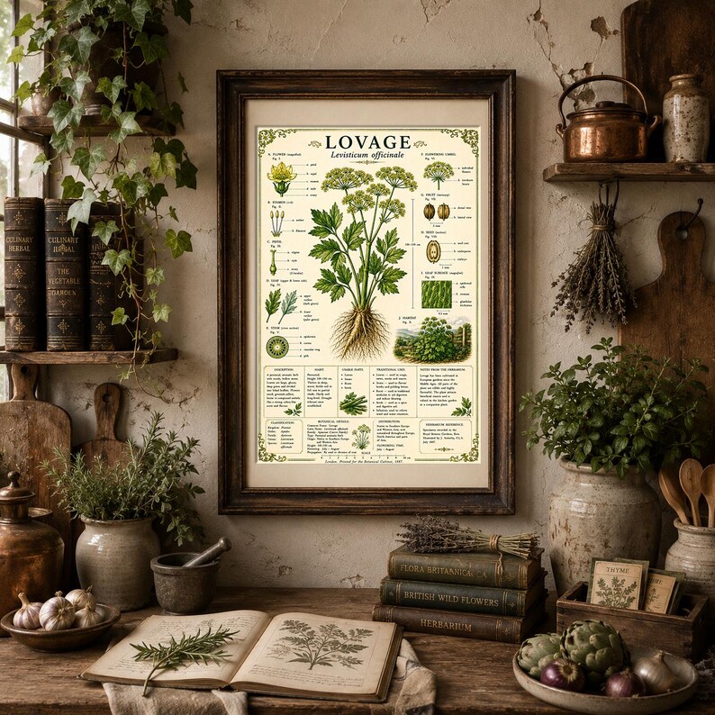 Puede incluir: Una l&aacute;mina bot&aacute;nica enmarcada titulada LOVAGE Levisticum officinale que presenta ilustraciones detalladas de la planta, incluyendo sus flores, hojas, semillas y ra&iacute;ces, con texto descriptivo en ingl&eacute;s organizado en columnas sobre un fondo crema.
