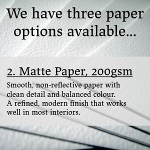 May include: An image displays text: "We have three paper options available..." and "2. Matte Paper, 200gsm". The text describes the paper as smooth, non-reflective, with clean detail and balanced colour, suitable for most interiors.