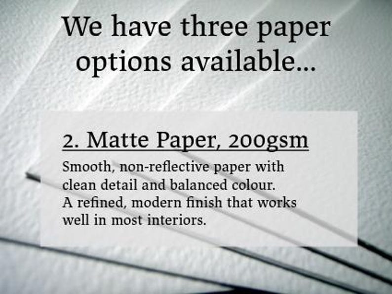 May include: An image displays text: "We have three paper options available..." and "2. Matte Paper, 200gsm". The text describes the paper as smooth, non-reflective, with clean detail and balanced colour, suitable for most interiors.