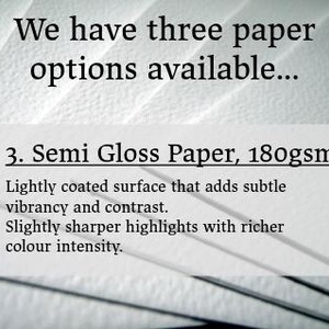 May include: Text on a white background reads "We have three paper options available..." followed by details about "3. Semi Gloss Paper, 180gsm". The text describes the paper's lightly coated surface, vibrancy, contrast, and colour intensity.