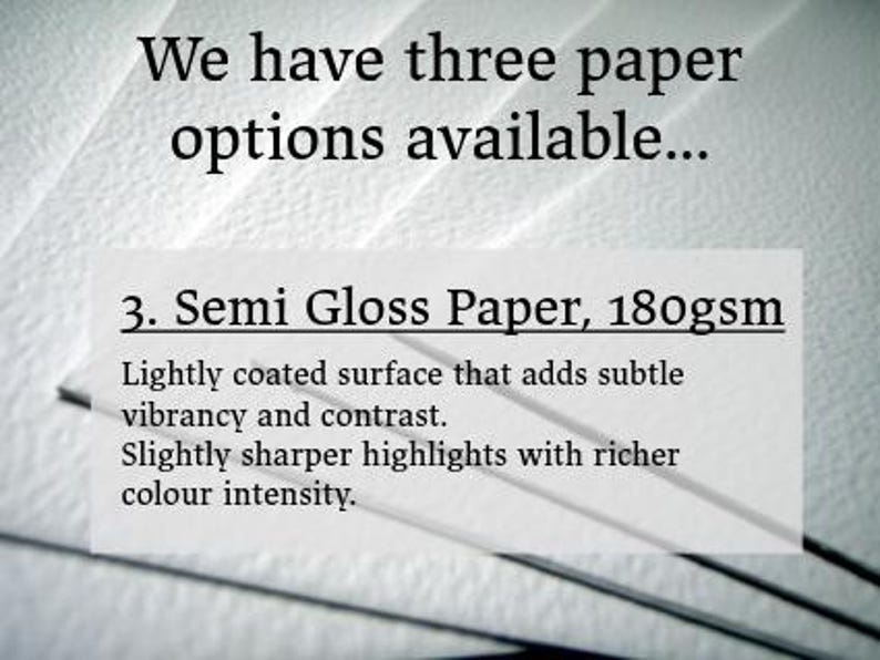 May include: Text on a white background reads "We have three paper options available..." followed by details about "3. Semi Gloss Paper, 180gsm". The text describes the paper's lightly coated surface, vibrancy, contrast, and colour intensity.