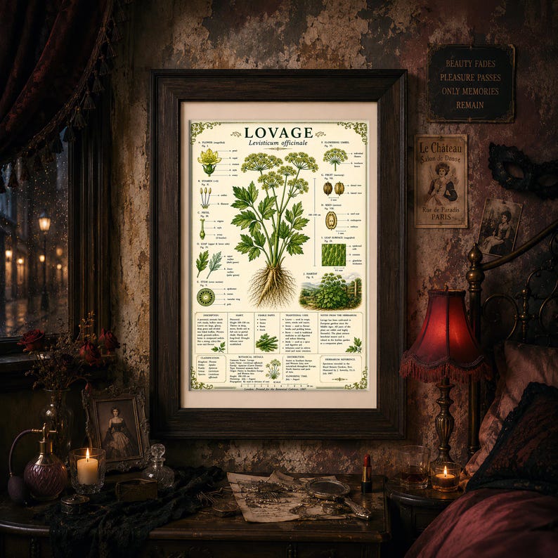 Puede incluir: Una l&aacute;mina bot&aacute;nica enmarcada titulada LOVAGE Levisticum officinale, que presenta ilustraciones detalladas de las flores, hojas, semillas y ra&iacute;ces de la planta, acompa&ntilde;adas de texto descriptivo y una escala, en un marco de madera oscura.