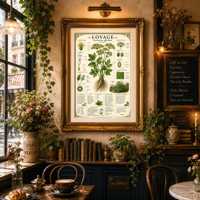 Puede incluir: Una l&aacute;mina bot&aacute;nica enmarcada titulada LOVAGE Levisticum officinale, que presenta ilustraciones detalladas de la planta, sus ra&iacute;ces, hojas y semillas, acompa&ntilde;adas de texto descriptivo y diagramas sobre un fondo de color crema.