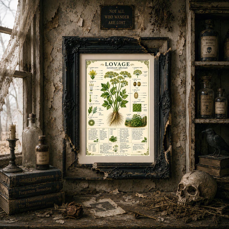 Puede incluir: Una l&aacute;mina bot&aacute;nica titulada LOVAGE Levisticum officinale que presenta ilustraciones detalladas de la planta, sus hojas, flores y semillas, con texto descriptivo en ingl&eacute;s, enmarcada en un marco de madera oscuro, ornamentado y desgastado.