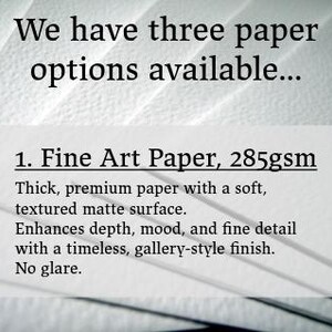 May include: A white textured paper background with text. The text reads "We have three paper options available..." and details about "Fine Art Paper, 285gsm". The paper is described as thick, premium, with a soft, textured matte surface.