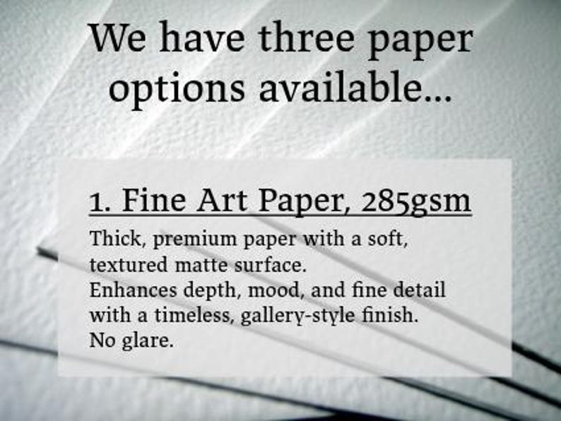 May include: A white textured paper background with text. The text reads "We have three paper options available..." and details about "Fine Art Paper, 285gsm". The paper is described as thick, premium, with a soft, textured matte surface.
