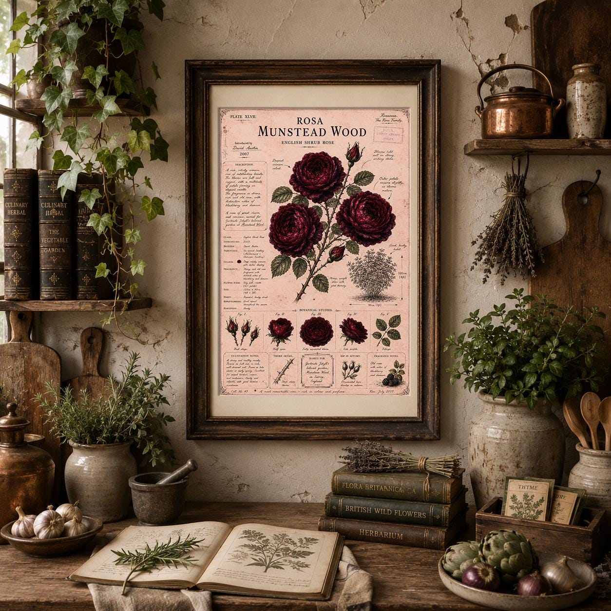 Munstead Wood Rose Print, Vintage Botanical Wall Art, Dark Red