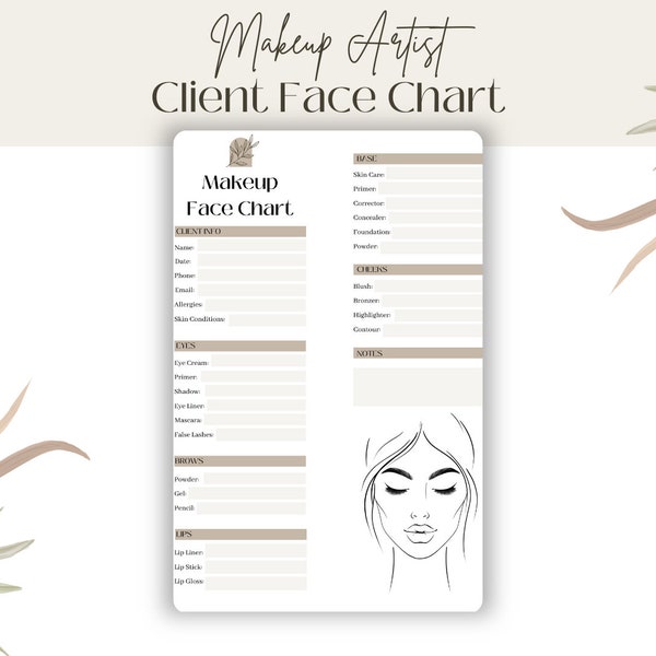 Boho Editable Client Face Chart for Makeup Artist/Salon/Esthetician