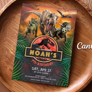 May include: A colorful invitation with a dinosaur theme. The invitation features a T-Rex, Triceratops, and other dinosaurs against a sunset backdrop. The text reads "Noah's 7th Birthday" with the date and time. The word "Canva" is in the corner.