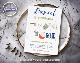Printable fishing Birthday invitation, ofishally one Invite, big one o-fish-ally Party Template, Editable Invitation, first 1st