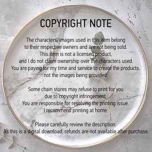 May include: A white plate with a gold rim and a marble pattern. The plate has text on it that reads "COPYRIGHT NOTE" and includes information about the use of characters and images in the item. The text also states that the item is not a licensed product and that refunds are not available after purchase.