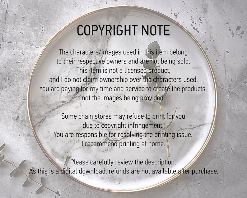 May include: A white plate with a gold rim and a marble pattern. The plate has text on it that reads "COPYRIGHT NOTE" and includes information about the use of characters and images in the item. The text also states that the item is not a licensed product and that refunds are not available after purchase.