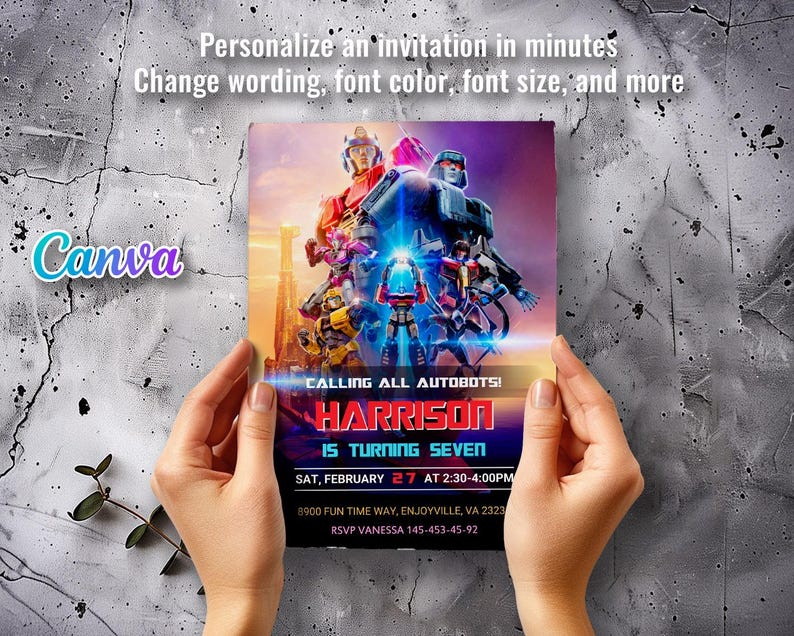 May include: A Transformers-themed birthday invitation with a red, blue, and yellow robot illustration. The invitation reads "Calling all Autobots! Harrison is turning seven. Sat, February 27 at 2:30-4:00pm. 8900 Fun Time Way, Enjoyville, VA 2323. RSVP Vanessa 145-453-45-92."