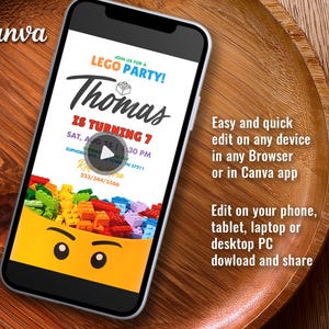May include: A smartphone displays a colorful Lego-themed birthday party invitation. The invitation features the name "Thomas" and the text "IS TURNING 7". Additional text includes date, time, and contact information. The Canva logo is visible.