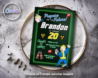 Può includere: Un modello di invito stampabile verde e nero per una festa di compleanno di 20 anni. L'invito presenta un personaggio dei cartoni animati con un microfono e il testo "Preparati per il futuro!" e "Branden compie 20 anni".