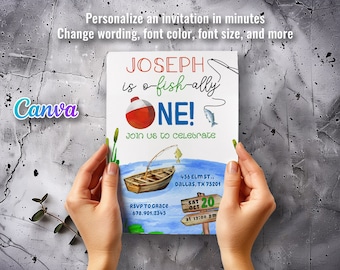 Printable fishing Birthday invitation, ofishally one Invite, big one o-fish-ally Party Template, Editable Invitation, first 1st
