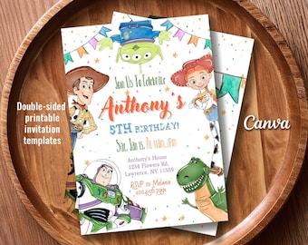 May include: Double-sided printable invitation templates featuring Toy Story characters. The invitation reads "Join Us To Celebrate Anthony's 5th Birthday!" with the date and time. The Canva logo is visible.