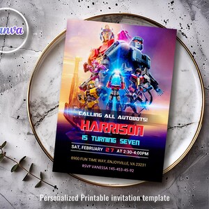 May include: A Transformers-themed birthday party invitation with a blue, purple, and red color scheme. The invitation features a group of Transformers robots and the text "Calling all Autobots! Harrison is turning seven. Sat, February 27 at 2:30-4:00pm. 8900 Fun Time Way, Enjoyville, VA 23231. RSVP Vanessa 145-453-45-92."