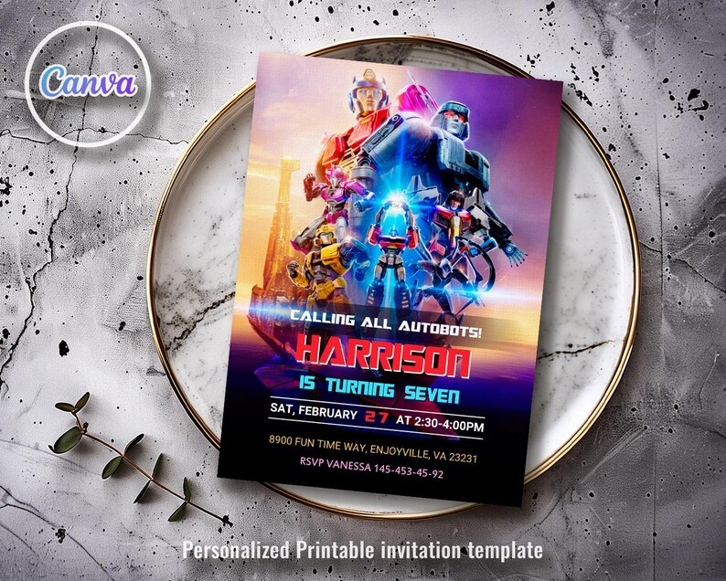 May include: A Transformers-themed birthday party invitation with a blue, purple, and red color scheme. The invitation features a group of Transformers robots and the text "Calling all Autobots! Harrison is turning seven. Sat, February 27 at 2:30-4:00pm. 8900 Fun Time Way, Enjoyville, VA 23231. RSVP Vanessa 145-453-45-92."