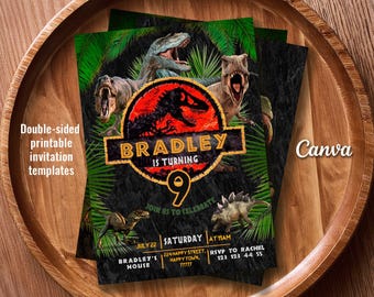 Invitación de cumpleaños de dinosaurio, fiesta de T-Rex, plantilla de Canva (descarga digital)