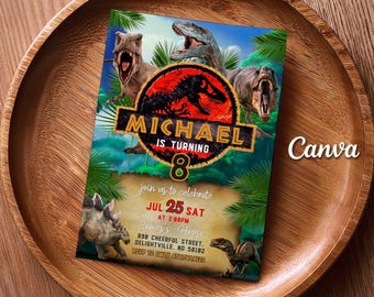 Dinosaur Birthday Invitation, T-Rex Party, Canva Template (Digital Download)