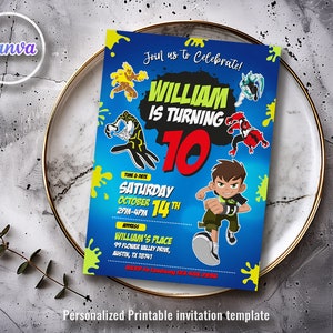 Ben 10 Birthday invitation, Ben ten printable Invitation, Ben10 Party Invite Template, Editable Invitation, boy birthday