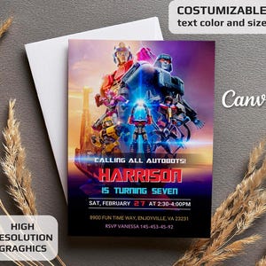 May include: A Transformers-themed birthday invitation with a colorful image of the Autobots. The invitation reads "Calling all Autobots! Harrison is turning seven. Sat, February 27 at 2:30-4:00pm. 8900 Fun Time Way, Enjoyville, VA 23231. RSVP Vanessa 145-453-45-92."