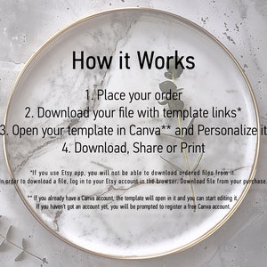 May include: A white plate with a gold rim and a green plant on top. The plate has text that reads "How it Works" and lists four steps: 1. Place your order, 2. Download your file with template links*, 3. Open your template in Canva** and Personalize it, 4. Download, Share or Print. The text also includes two footnotes: *If you use Etsy app, you will not be able to download ordered files from it. In order to download a file, log in to your Etsy account in the browser. Download file from your purchase. ** If you already have a Canva account, the template will open in it and you can start editing it. If you haven't got an account yet, you will be prompted to register a free Canva account.