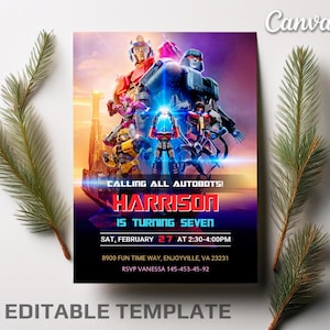 May include: A Transformers-themed birthday invitation with a colorful image of the Autobots. The invitation is for Harrison's seventh birthday party. It includes the date, time, and location of the party, as well as an RSVP number.