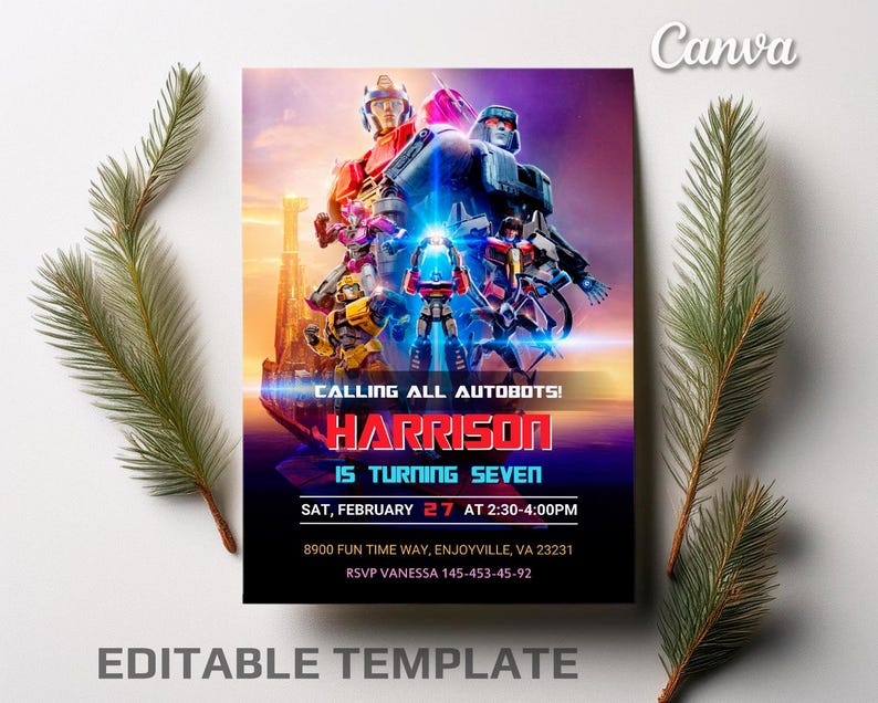 May include: A Transformers-themed birthday invitation with a colorful image of the Autobots. The invitation is for Harrison's seventh birthday party. It includes the date, time, and location of the party, as well as an RSVP number.