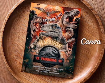 Dinosaur Birthday Invitation, T-Rex Party, Canva Template (Digital Download)