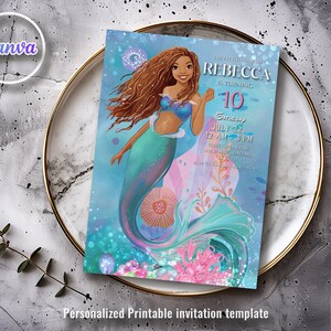 Faire-part imprimable La petite sirène, faire-part modifiable, faire-part d'anniversaire de sirène, fête de la princesse Ariel, fête sirène