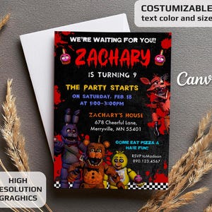 May include: A black and red birthday party invitation featuring a cartoon image of a scary-looking animatronic bear, rabbit, and fox. The invitation is for Zachary's 9th birthday party and includes the date, time, and location of the party. The text on the invitation reads "We're waiting for you!! Zachary is turning 9. The party starts on Saturday, Feb 18 at 1:00-3:00PM. Zachary's House 678 Cheerful Lane, Merryville, MN 55401. Come eat pizza & have fun!! RSVP to Madison 890.123.4567."