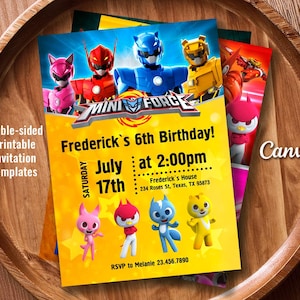 May include: A stack of colorful birthday party invitations featuring the Mini Force characters. The main invitation is yellow with the text "Frederick's 6th Birthday!" and event details. The invitations are double-sided printable templates.