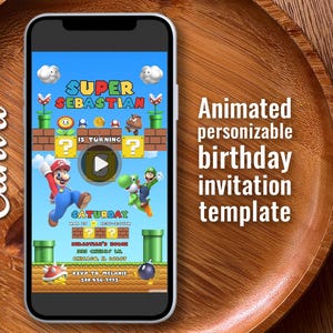 Mario Bros Video Einladung, Geburtstagseinladung Junge, Super Mario Film Einladung, animiertes Videospiel Handy personalisierbare Einladungsvorlage